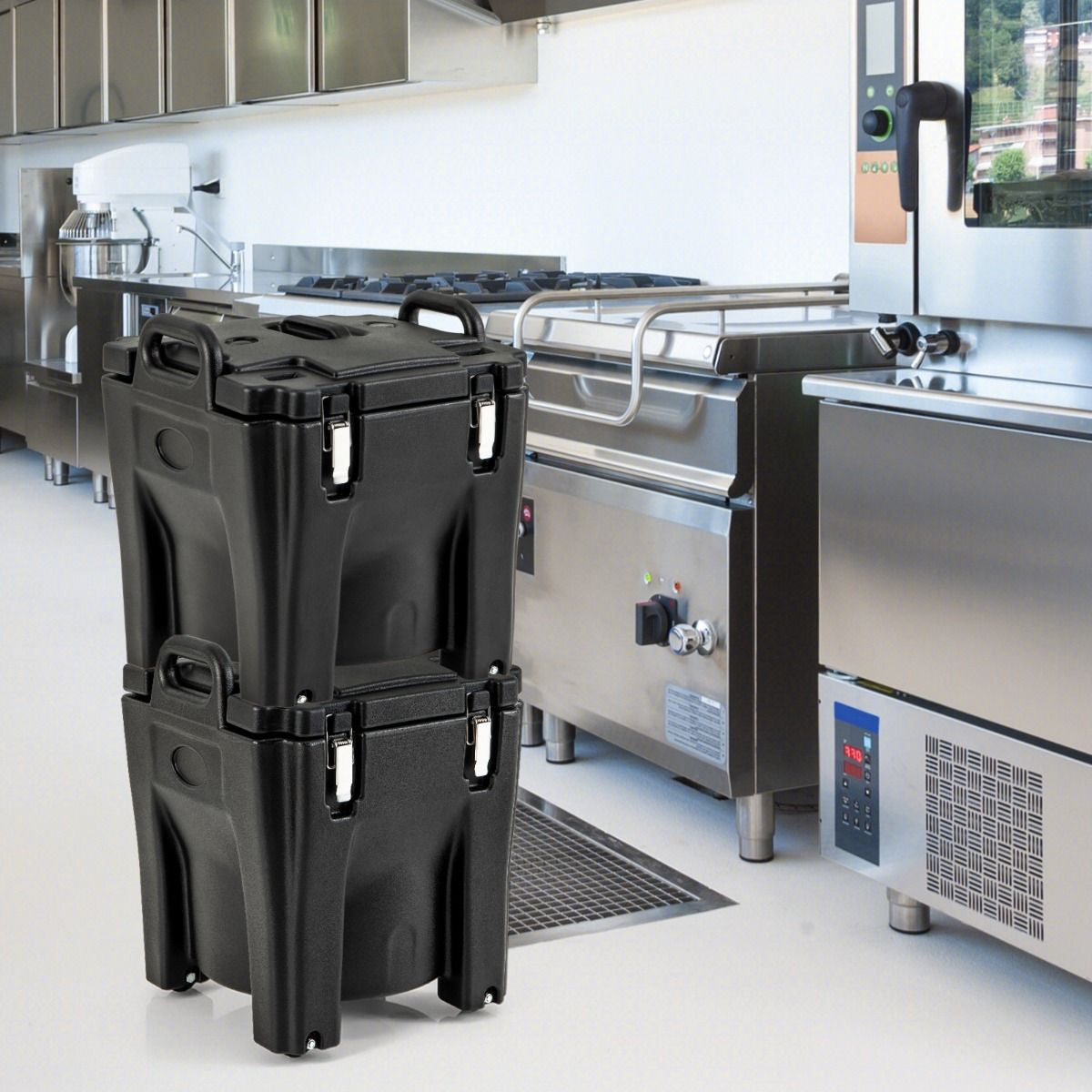 Récipient À Soupe Isolé Chauffe-Plats Empilable De 30 L Conteneur Isotherme Portable En Acier Inoxydable Avec 4 Roues Et 2 Freins Noir