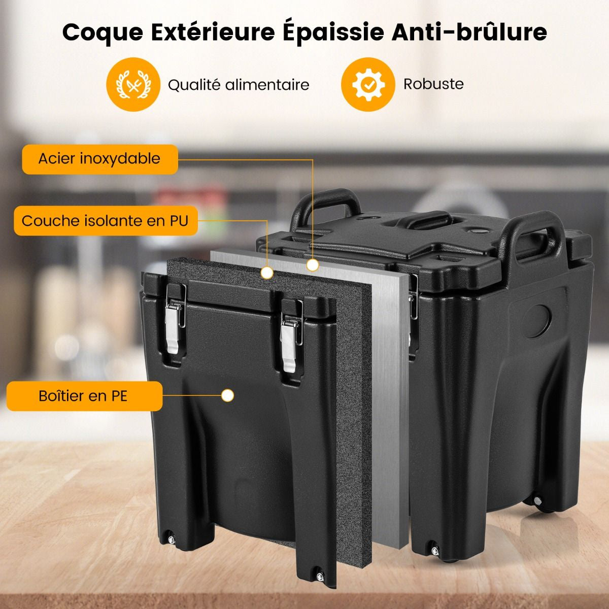 Récipient À Soupe Isolé Chauffe-Plats Empilable De 30 L Conteneur Isotherme Portable En Acier Inoxydable Avec 4 Roues Et 2 Freins Noir