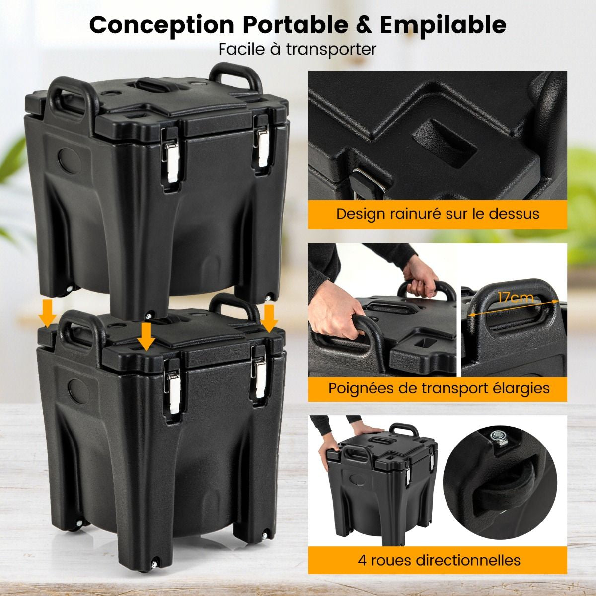 Récipient À Soupe Isolé Chauffe-Plats Empilable De 30 L Conteneur Isotherme Portable En Acier Inoxydable Avec 4 Roues Et 2 Freins Noir
