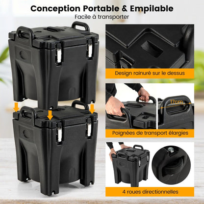 Récipient À Soupe Isolé Chauffe-Plats Empilable De 30 L Conteneur Isotherme Portable En Acier Inoxydable Avec 4 Roues Et 2 Freins Noir