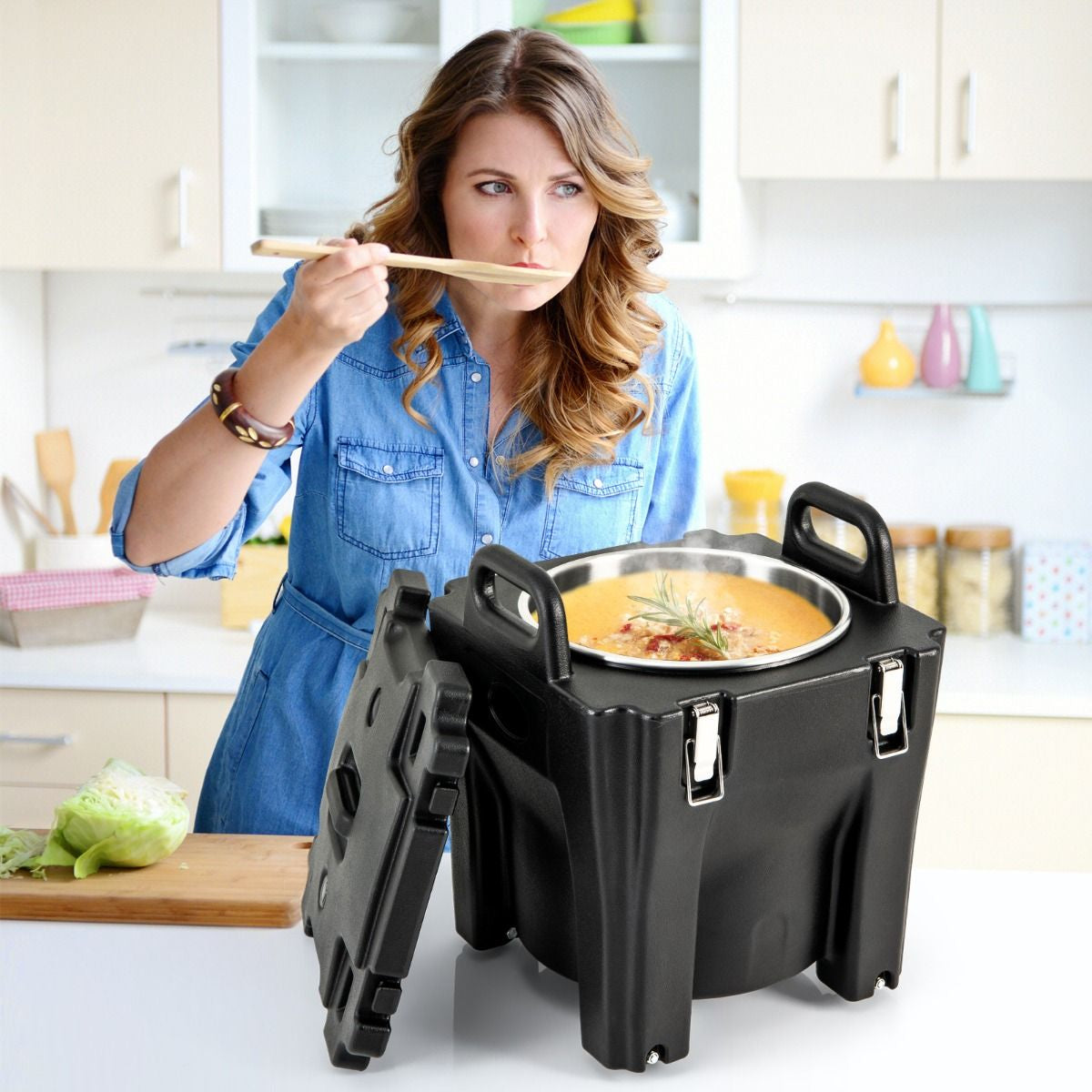 Récipient À Soupe Isolé Chauffe-Plats Empilable De 30 L Conteneur Isotherme Portable En Acier Inoxydable Avec 4 Roues Et 2 Freins Noir